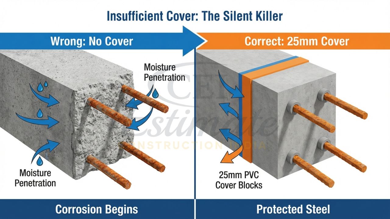 Comparison of incorrect vs correct reinforcement cover in an RCC beam.