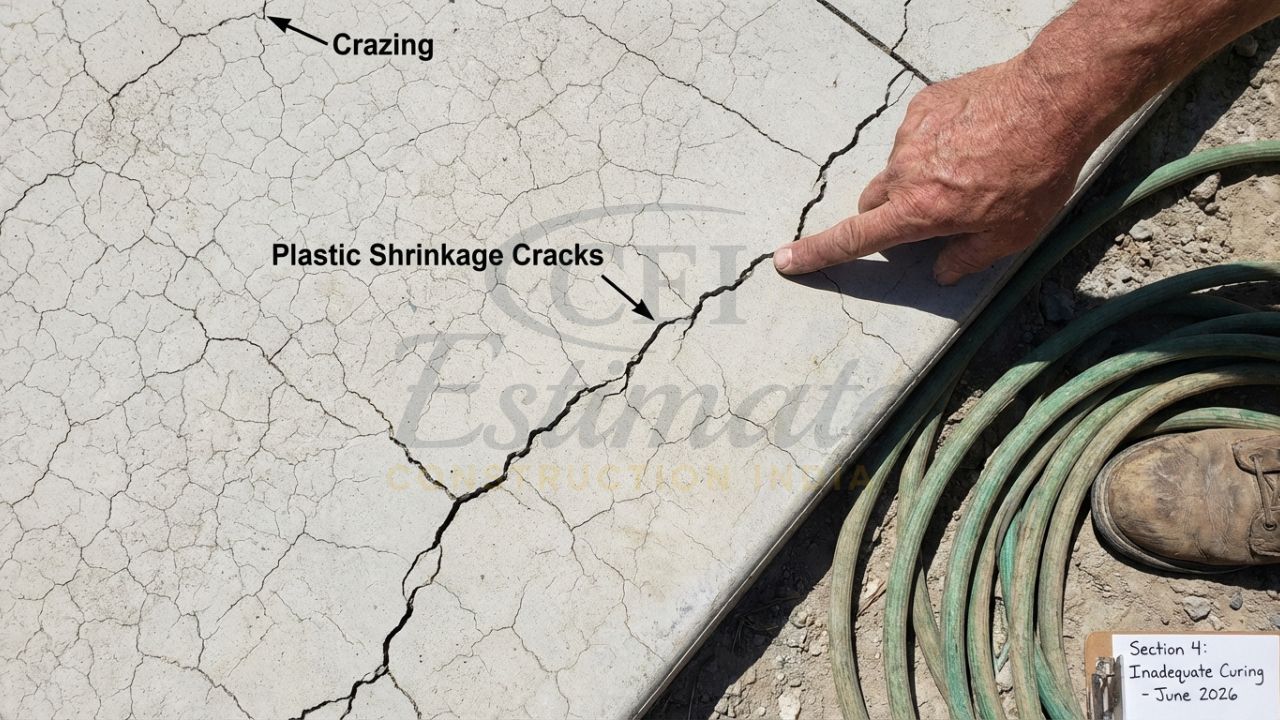 Surface shrinkage cracks on a concrete slab caused by inadequate curing.