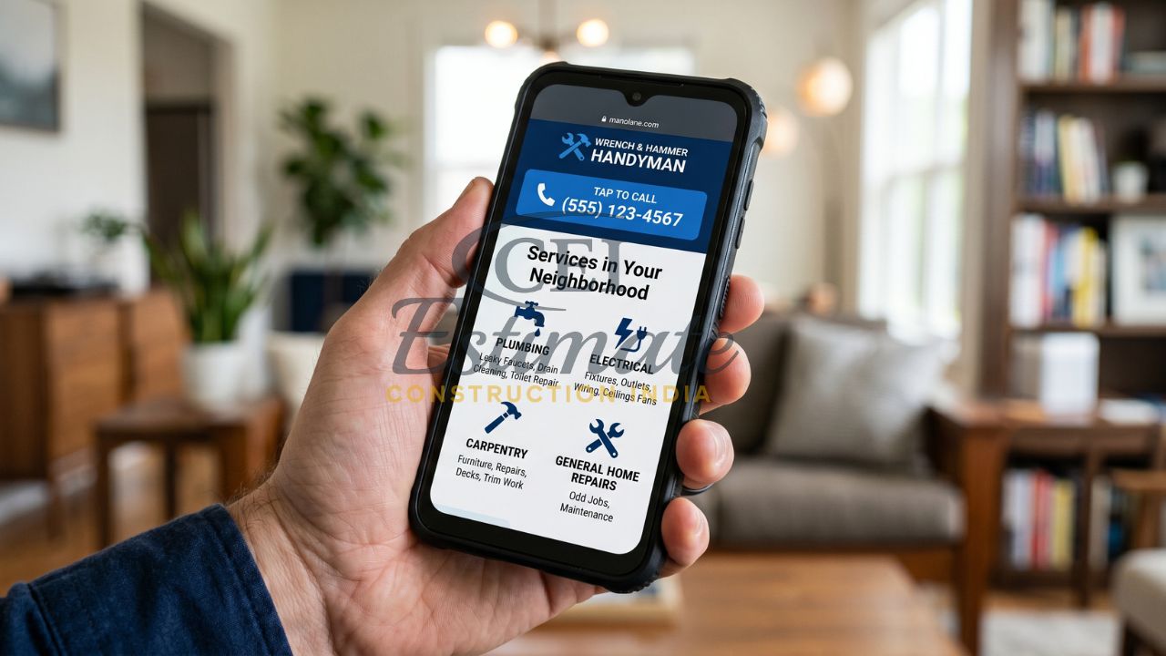 Handyman mobile website with tap-to-call feature and services like plumbing, electrical, carpentry, and home repairs