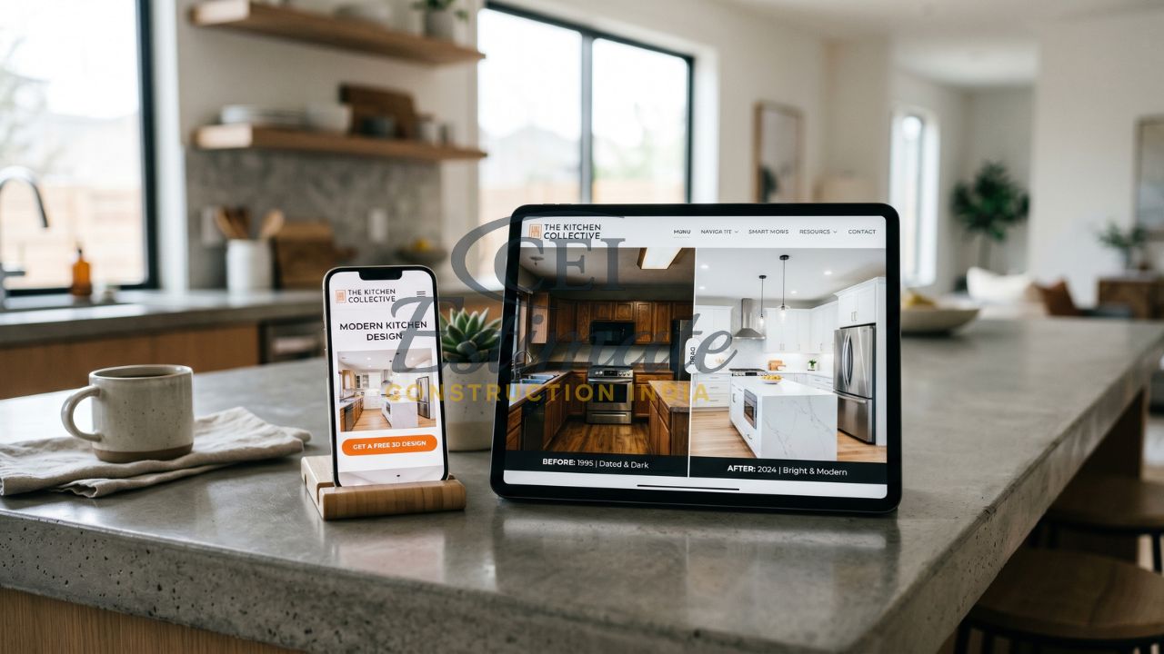 Kitchen remodeling website showing before and after transformation on tablet with mobile design preview