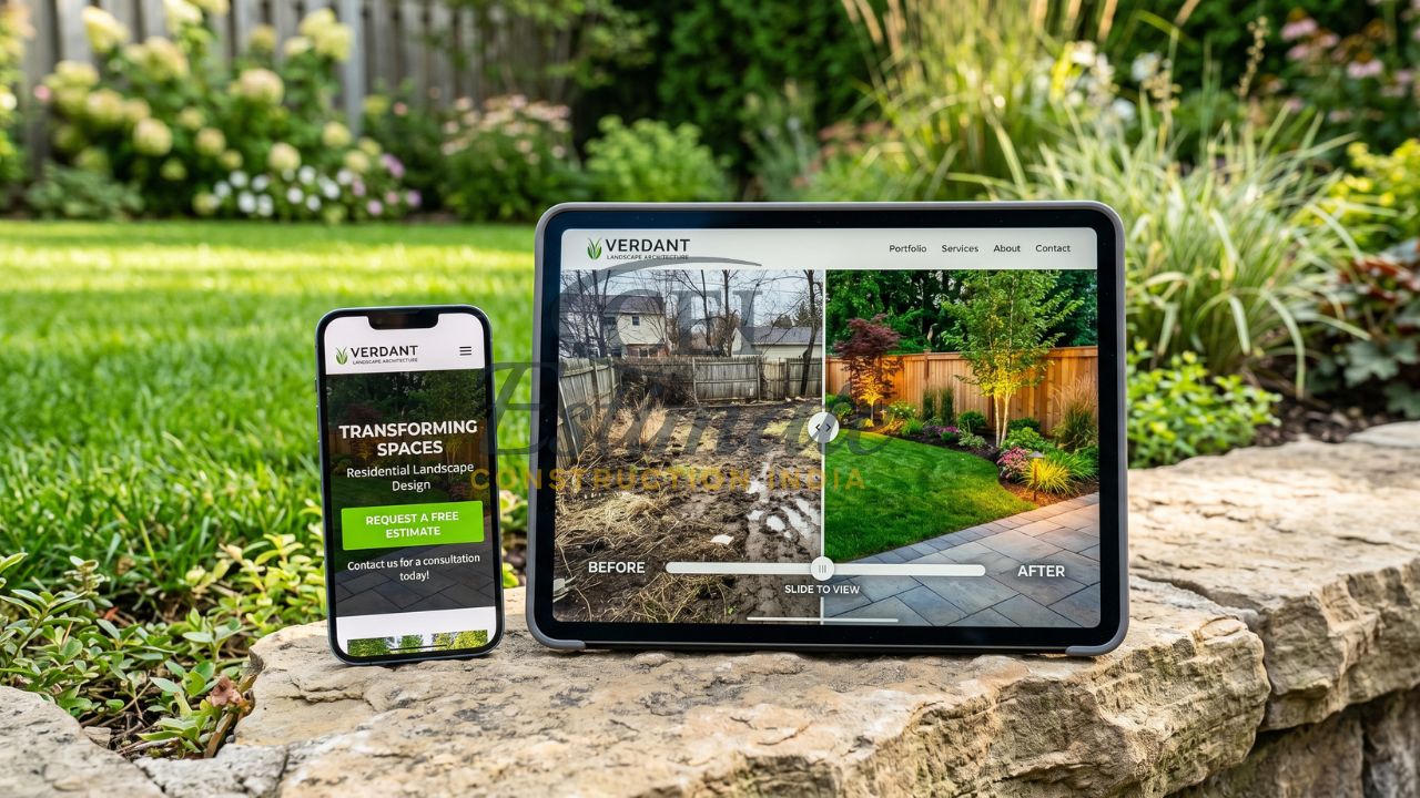 Landscaping website showing before and after garden transformation with mobile lead generation form