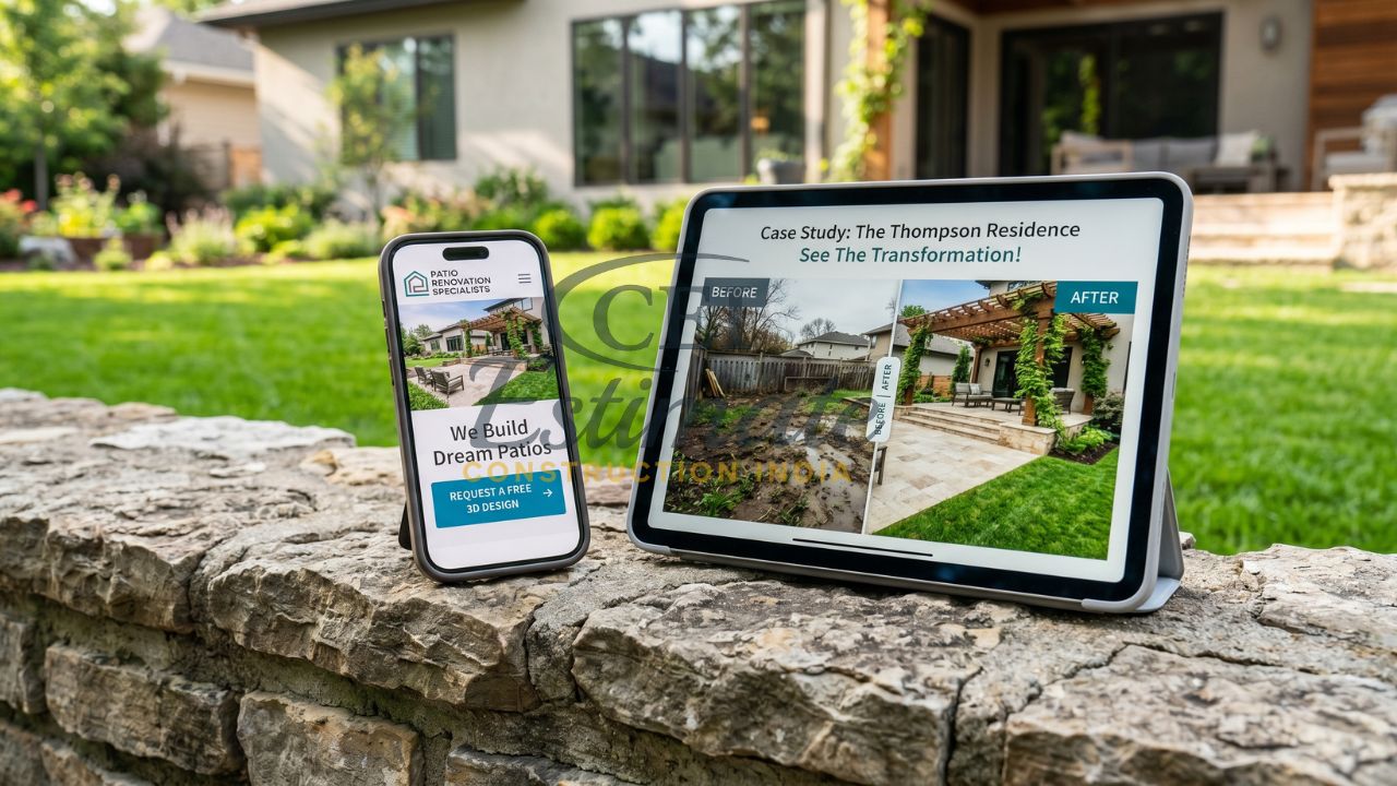 Patio renovation website showing before and after transformation of outdoor space on mobile and tablet devices