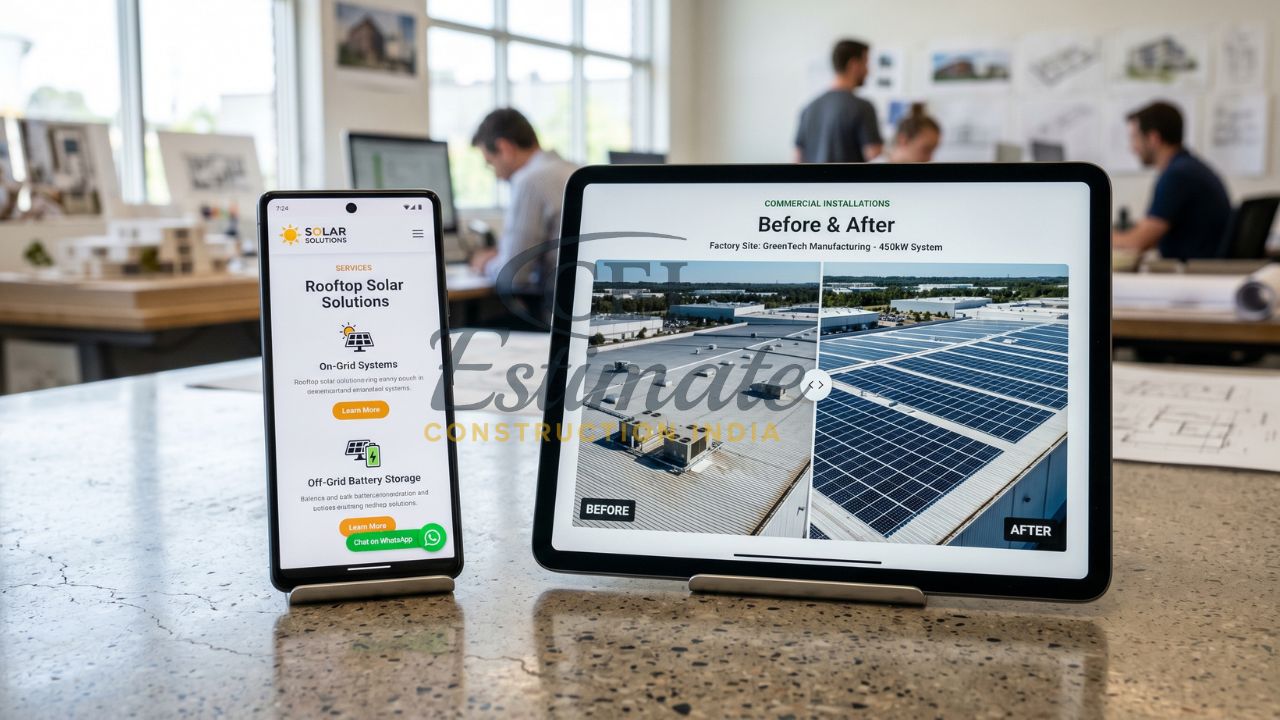 Before and after commercial solar installation on rooftop shown on tablet with solar services mobile website