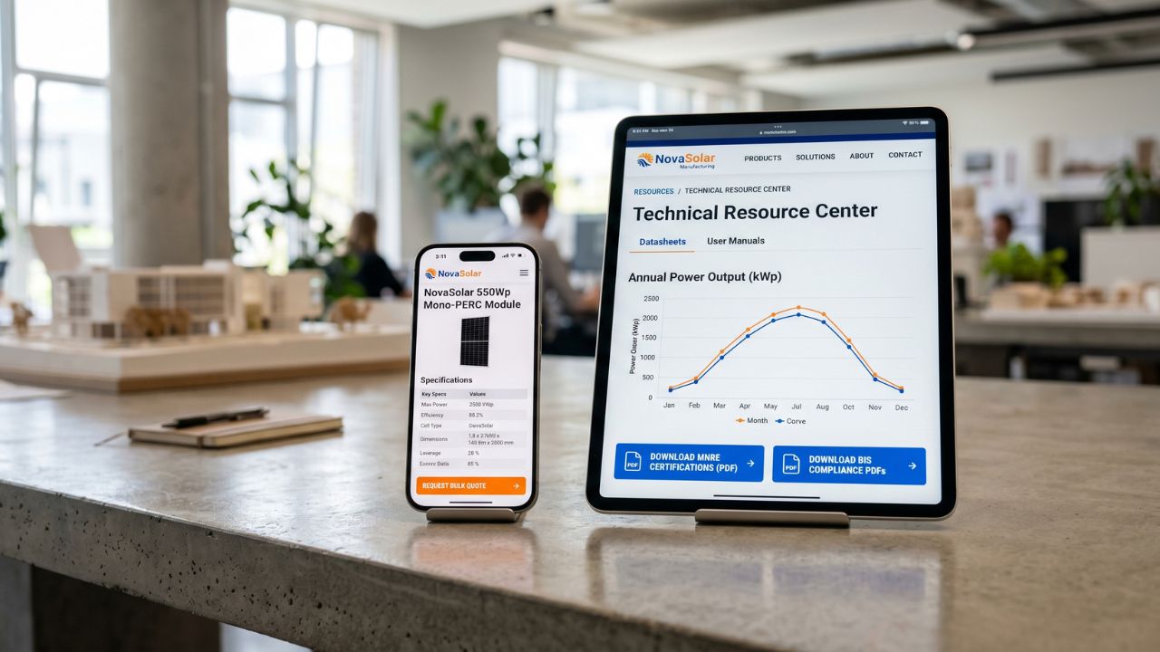 Solar technical resource center on tablet with datasheets, performance graph, and product specifications on mobile