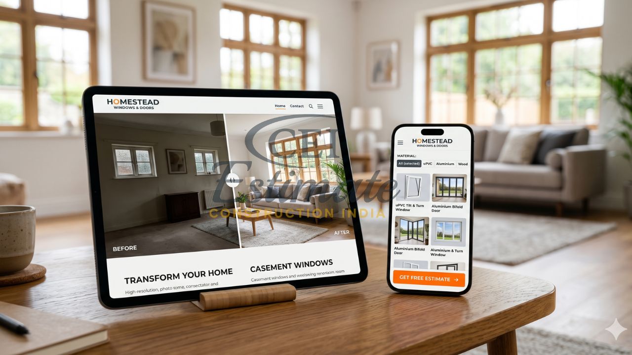 Windows and doors website showing before and after transformation with mobile product selection and estimate feature