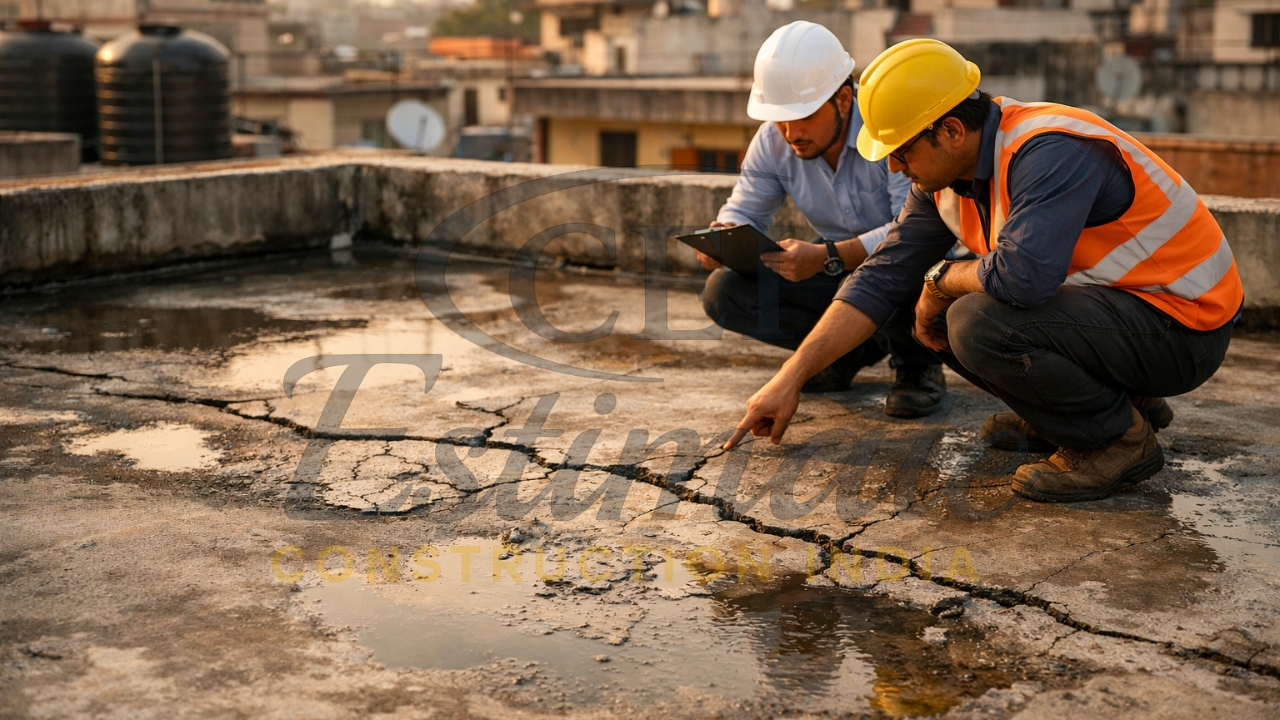 Roof damage due to poor cement quality with visible cracks and seepage