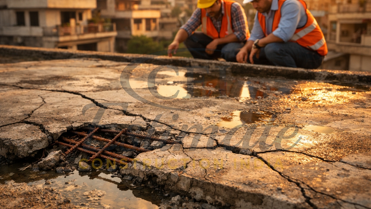 Damaged concrete roof with cracks, rusted steel bars, and water seepage