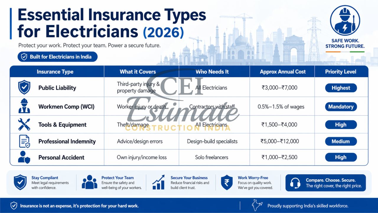 electrician insurance types India public liability WCI tools professional indemnity cost comparison