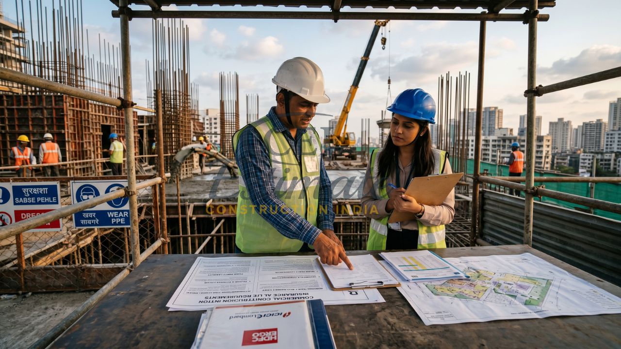 Construction engineers reviewing insurance documents and project plans on site in India