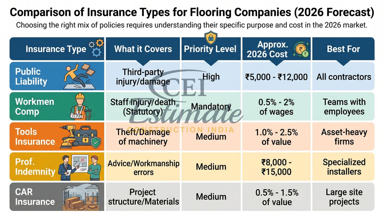 Insurance types comparison for flooring contractors in India showing public liability workmen compensation tools insurance and CAR policy costs