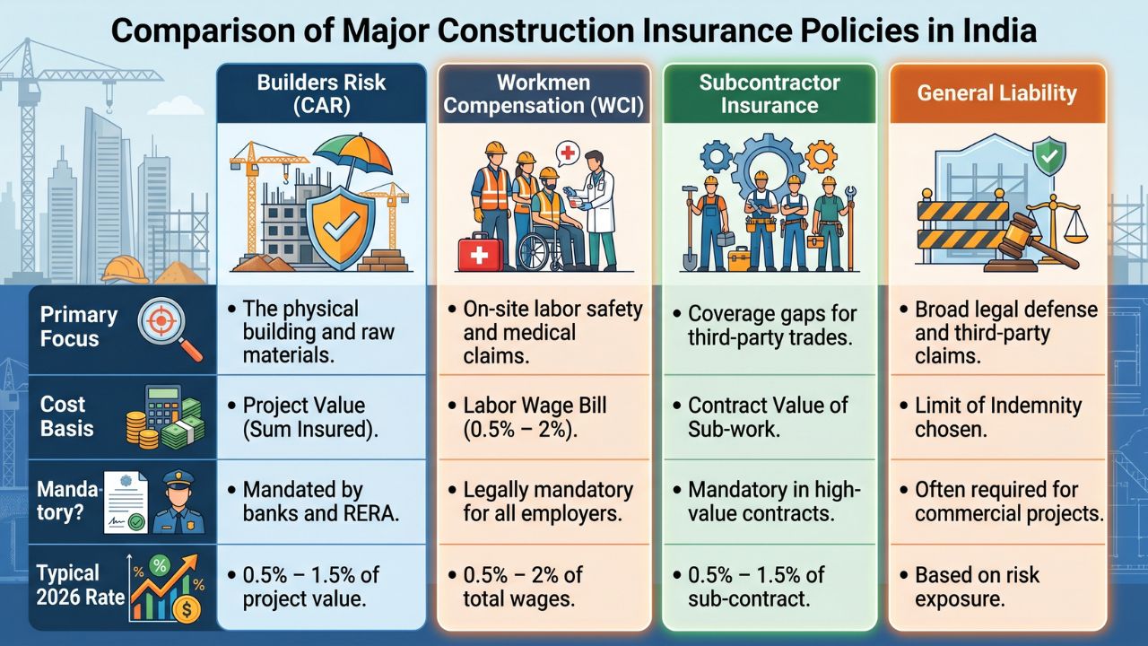 comparison of construction insurance policies India builders risk CAR workmen compensation subcontractor general liability