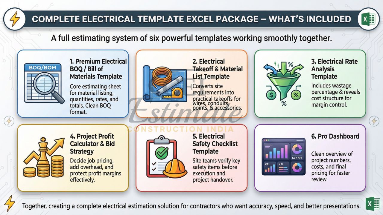 complete electrical estimation excel template package india boq takeoff rate analysis profit calculator dashboard