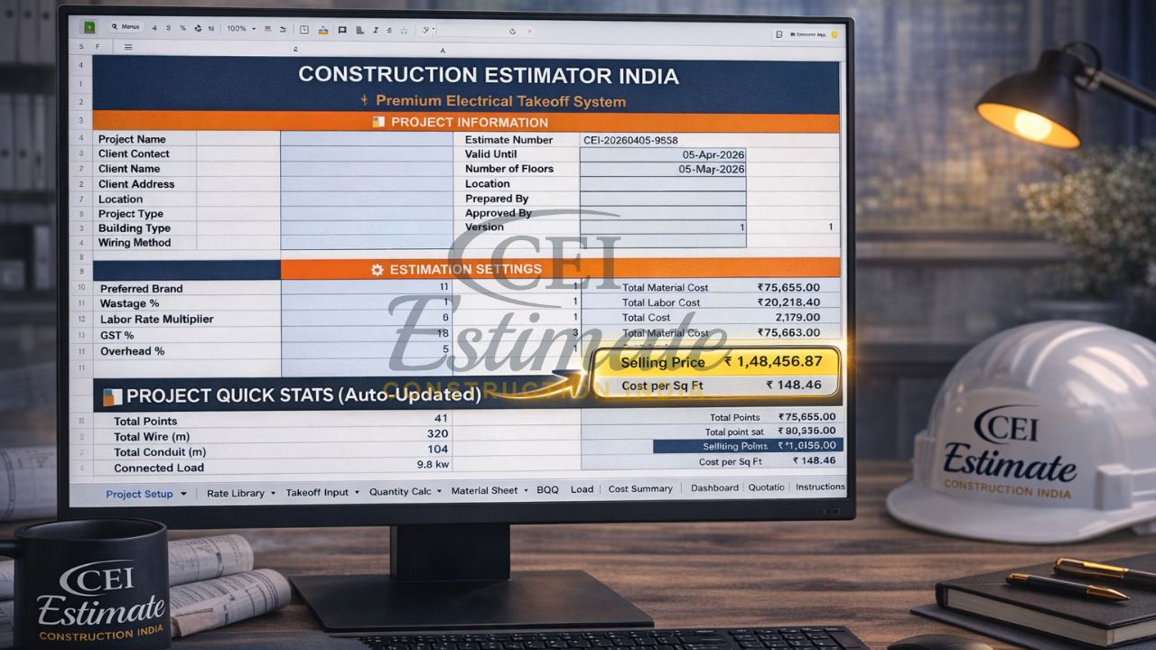 A modern electrical safety checklist dashboard displayed on a computer screen, featuring IS standards references, compliance status indicators, and inspection tracking. The system includes daily and weekly inspection readiness along with an integrated action tracker, ideal for construction estimation and safety audits in India.