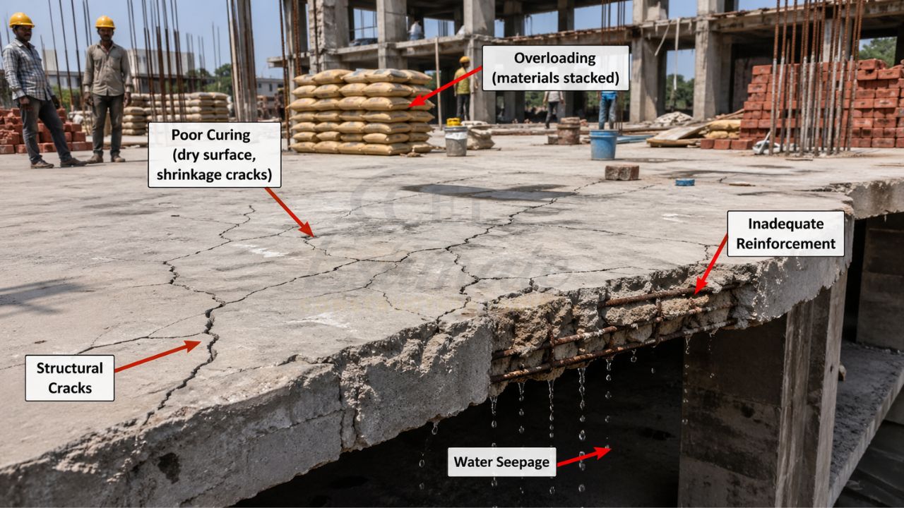 Cracked concrete slab in construction site showing structural cracks, poor curing, water seepage, overloading, and inadequate reinforcement