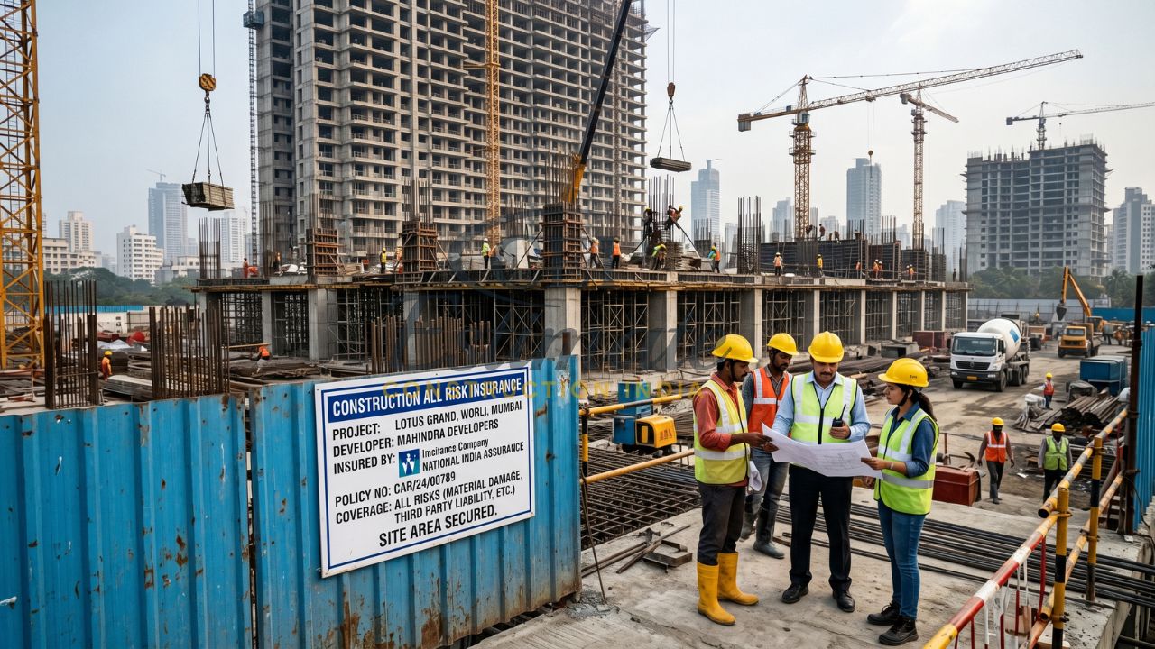 Construction site in India with CAR insurance board and engineers reviewing plans for project risk coverage