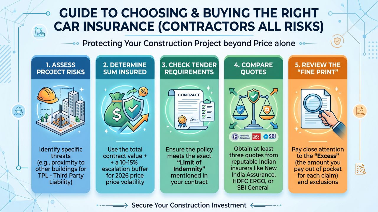 Guide to choosing contractors all risk insurance in India showing steps like risk assessment sum insured and policy comparison