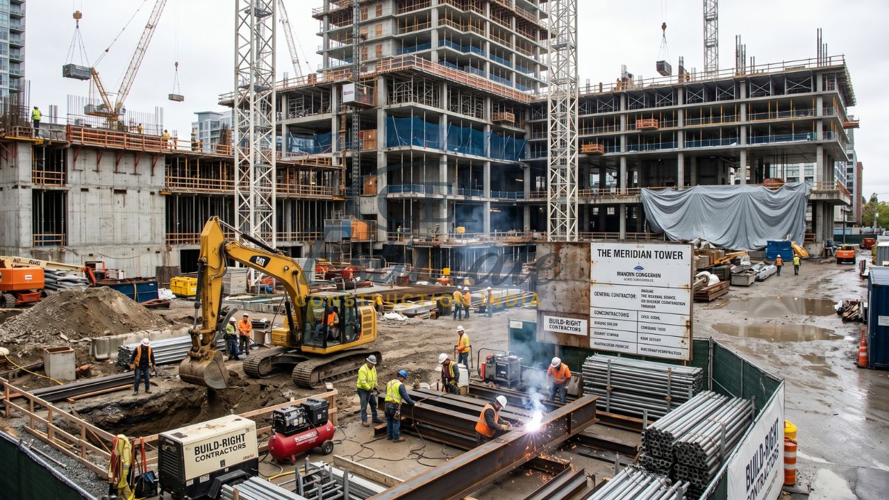 Large construction site in India with heavy equipment and workers showing need for construction all risk insurance
