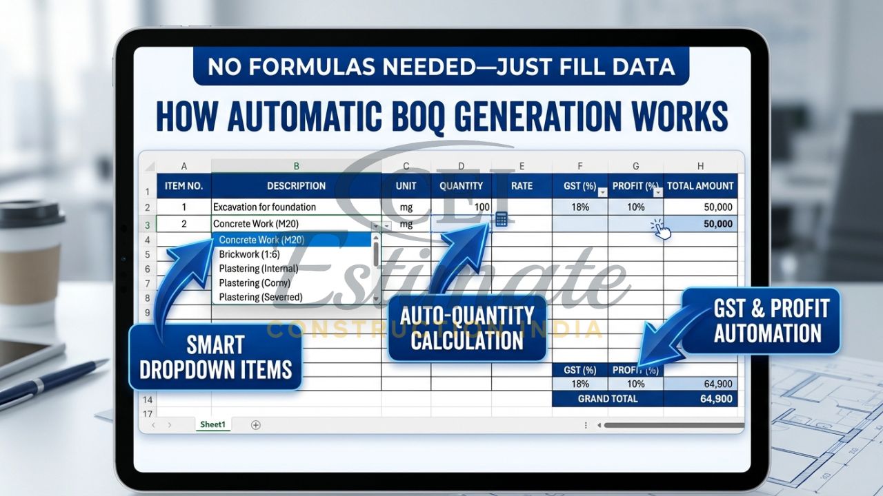 An instructional infographic showing the automated features of an Excel-based BOQ generator, including dropdown menus for items and auto-calculating GST fields.