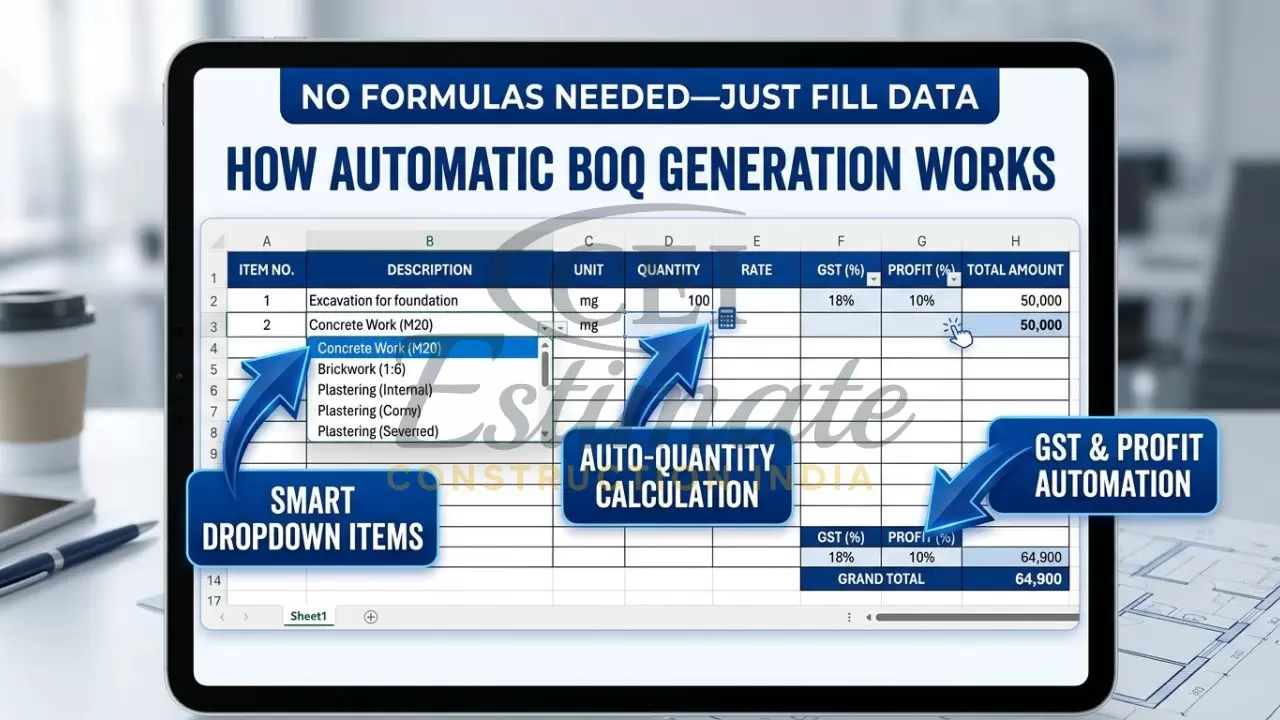 An instructional infographic showing the automated features of an Excel-based BOQ generator, including dropdown menus for items and auto-calculating GST fields.