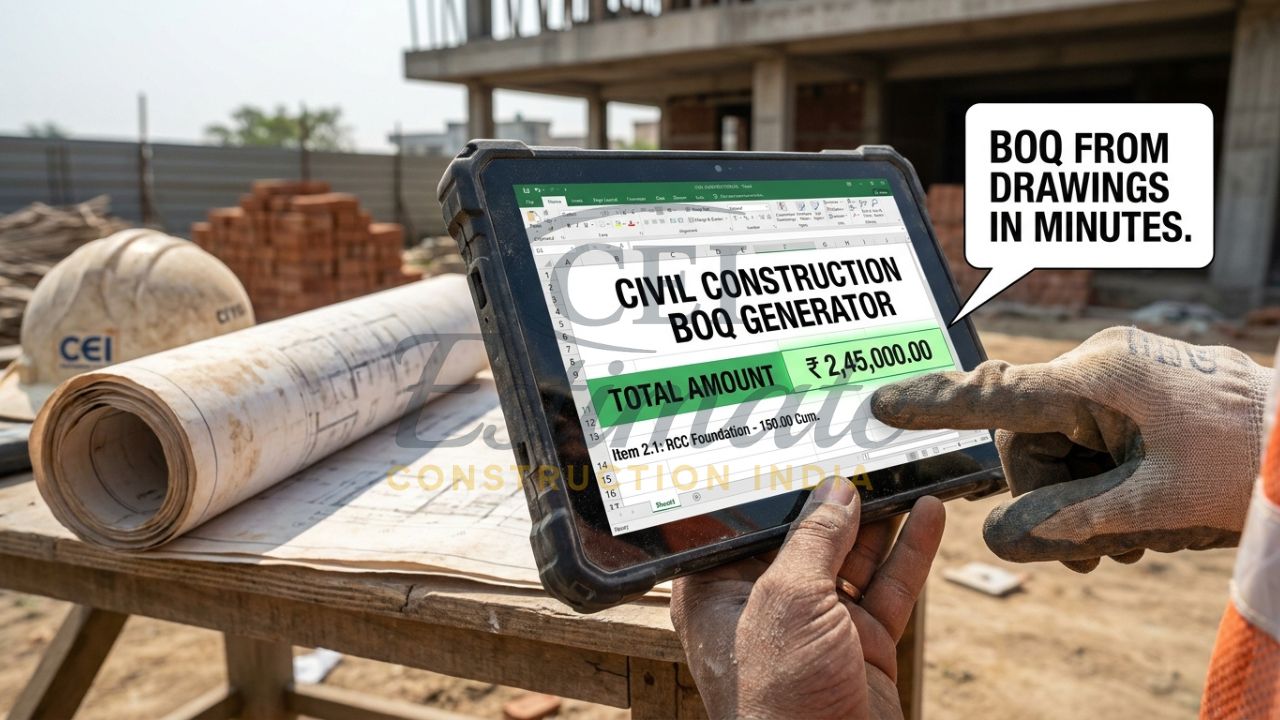 A close-up of a contractor's hand using a rugged tablet on a construction site, referencing blueprints and inputting data into an automated BOQ generator.