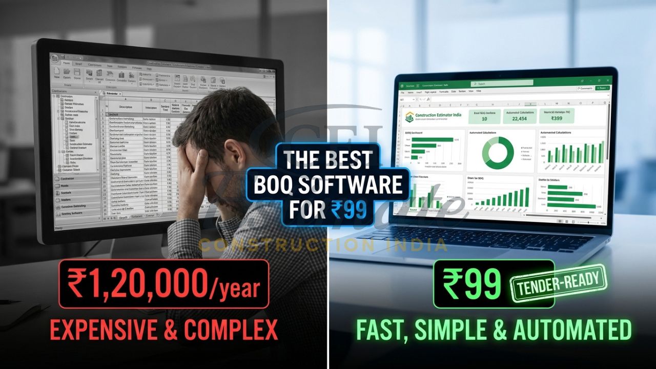 A split-screen comparison showing a traditional, expensive construction software interface versus a sleek, automated Excel BOQ dashboard from Construction Estimator India.