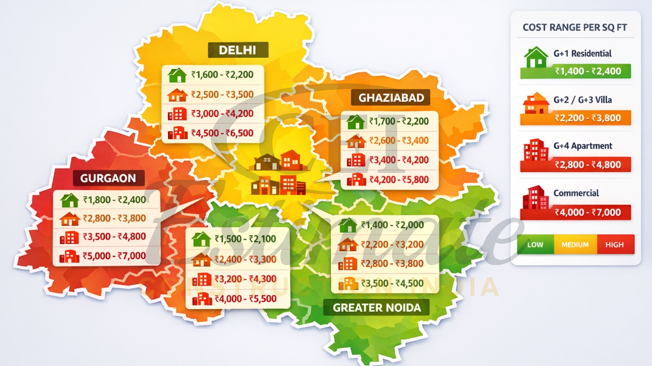 Delhi NCR construction cost per sq ft map 2026 for Delhi, Gurgaon, Noida regions.
