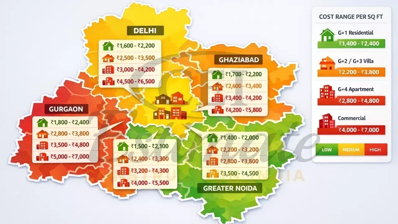 Delhi NCR construction cost per sq ft map 2026 for Delhi, Gurgaon, Noida regions.