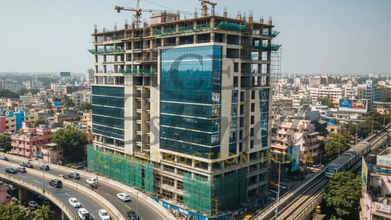 Multi-story commercial building construction in India with cranes and scaffolding