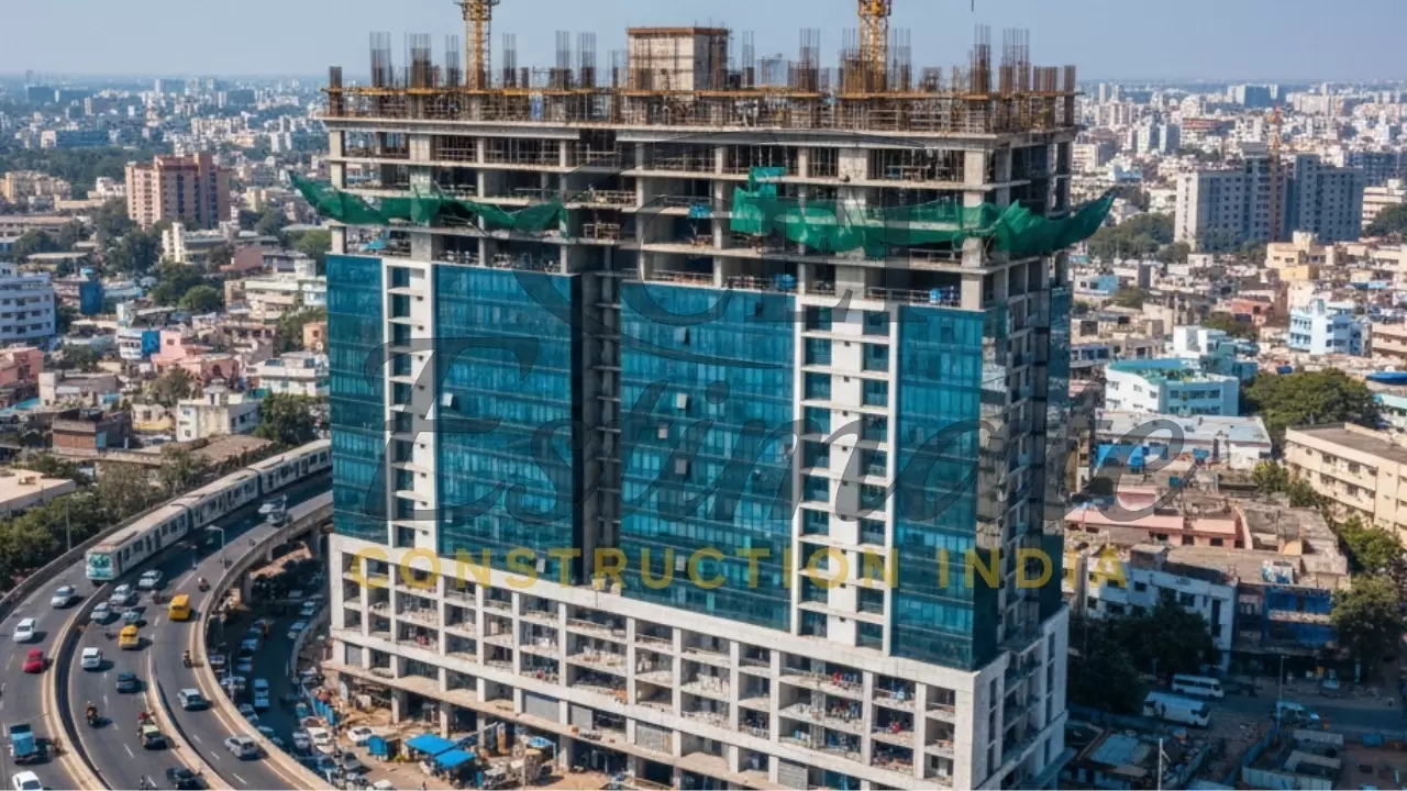 Commercial high-rise construction project in India with modern glass exterior and scaffolding