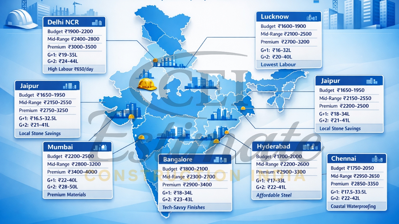 2026 per sq ft construction rate 1000 sq ft house Delhi Mumbai Bangalore G+1 G+2
