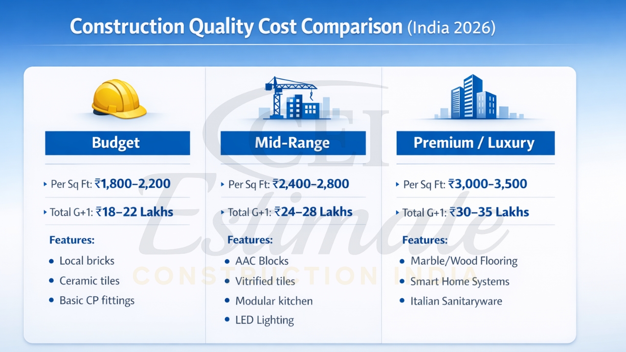 Quality wise 1000 sq ft house construction cost budget premium India 2026