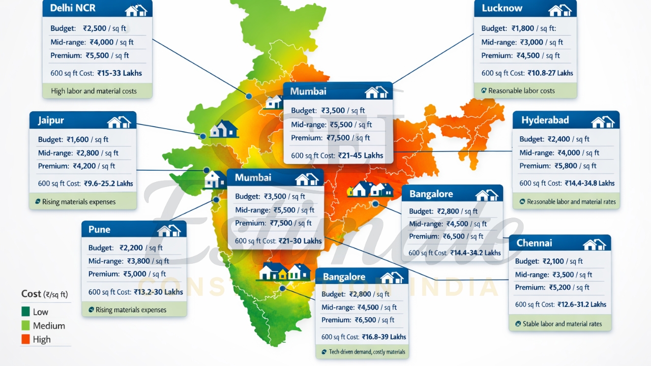 City wise 1BHK house construction cost per sq ft 2026 India