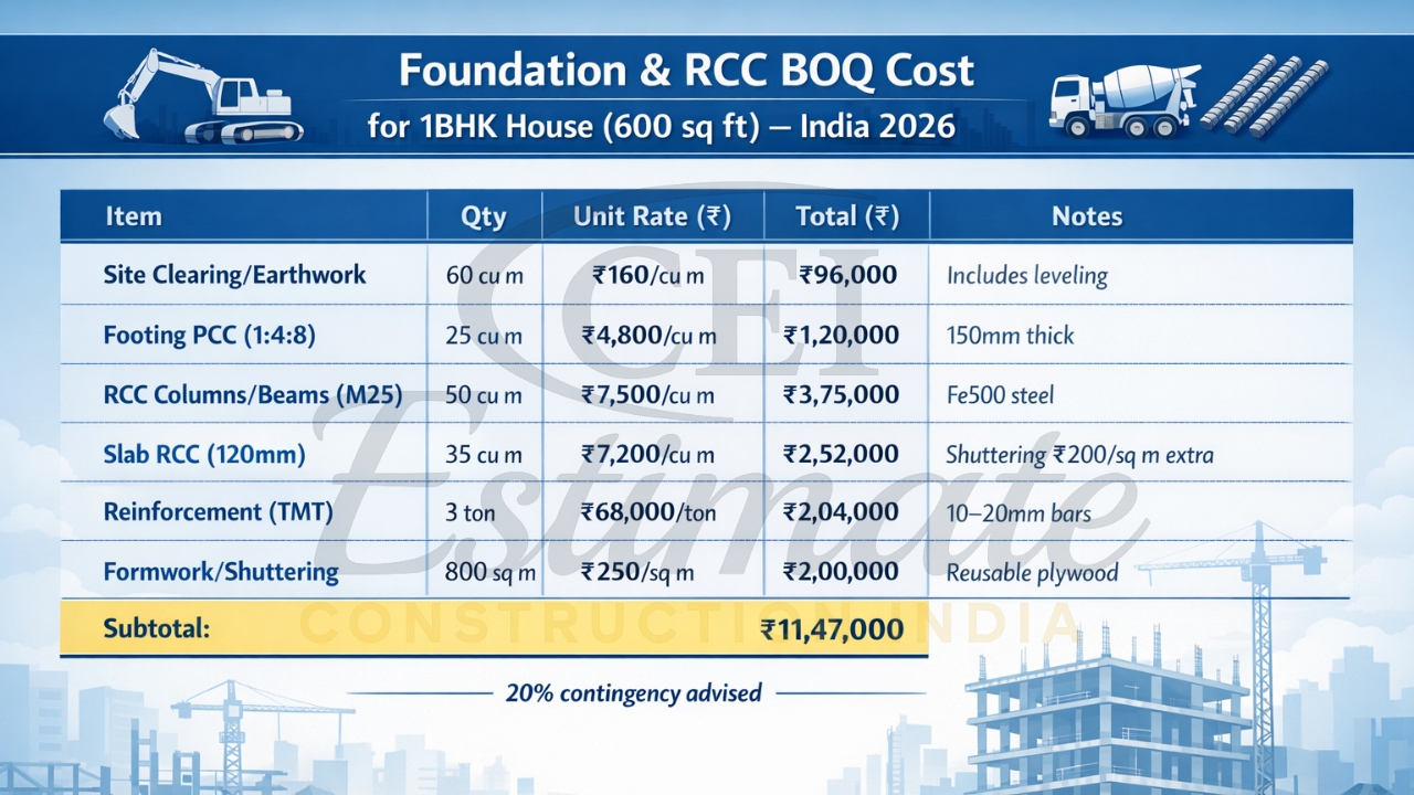 Foundation RCC structure BOQ cost for 1BHK house 2026