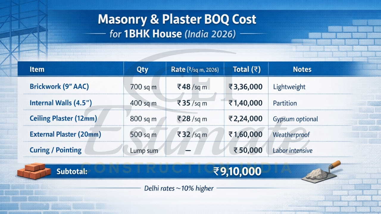 Brickwork plaster detailed breakdown 1BHK construction India