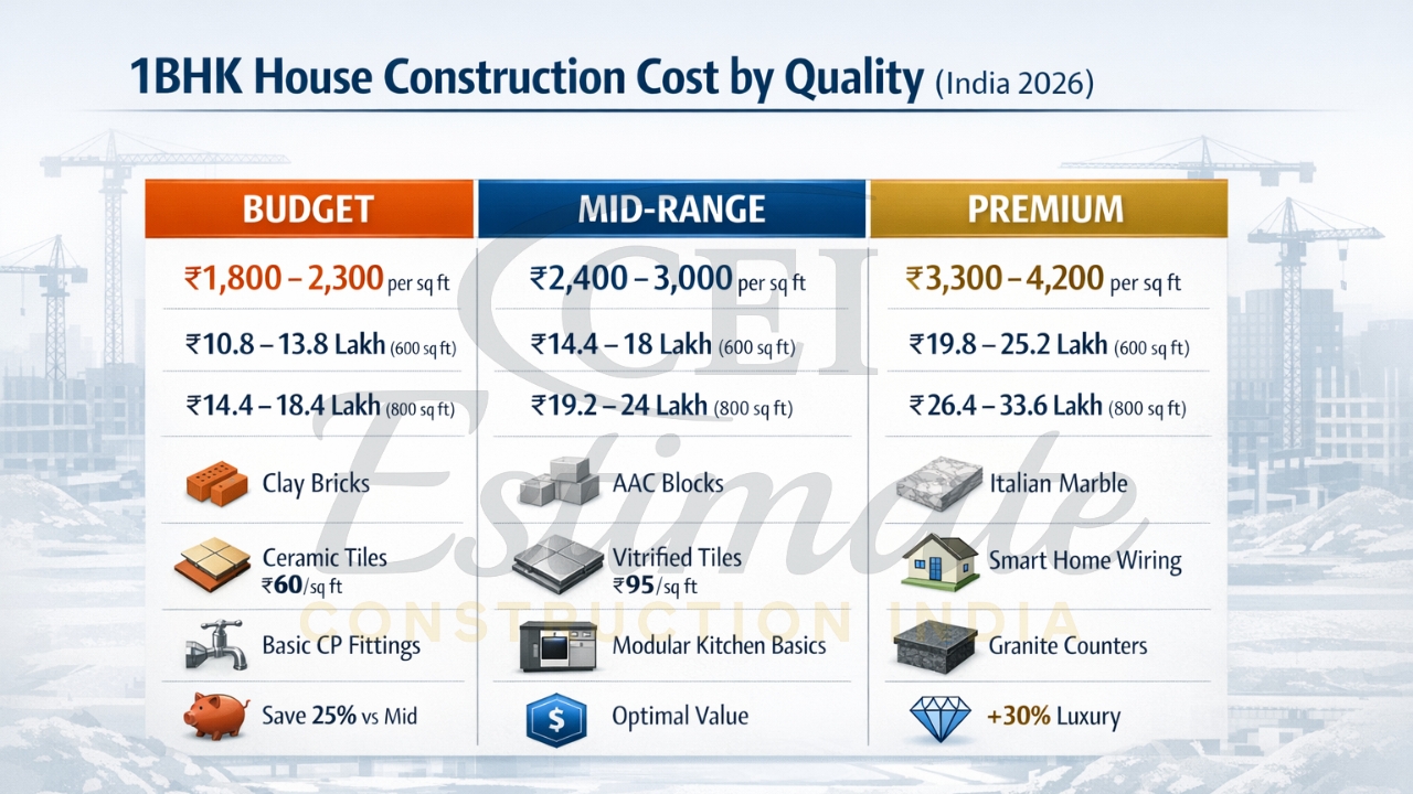 Budget mid-range premium 1BHK construction costs per sq ft