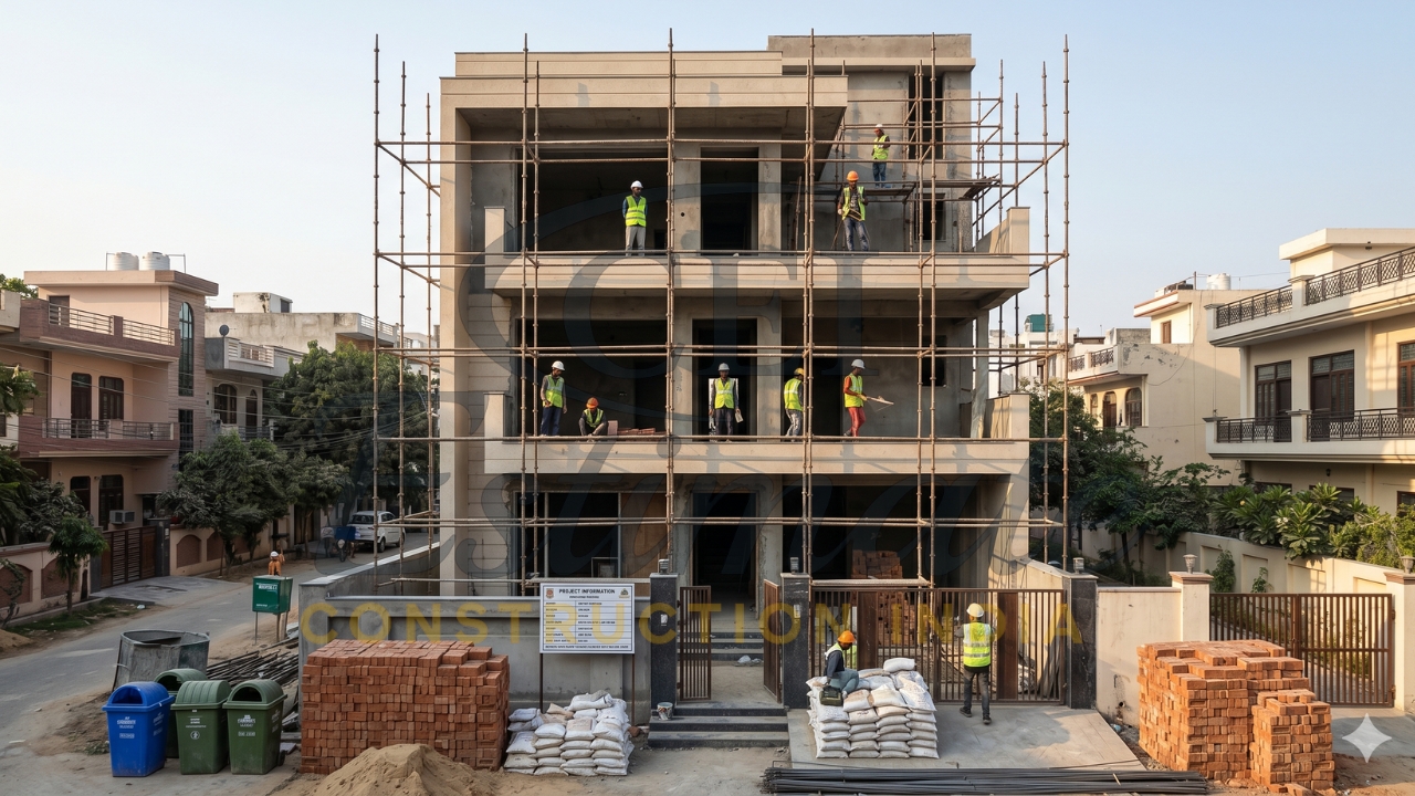 House construction site in Delhi with labor and scaffolding work