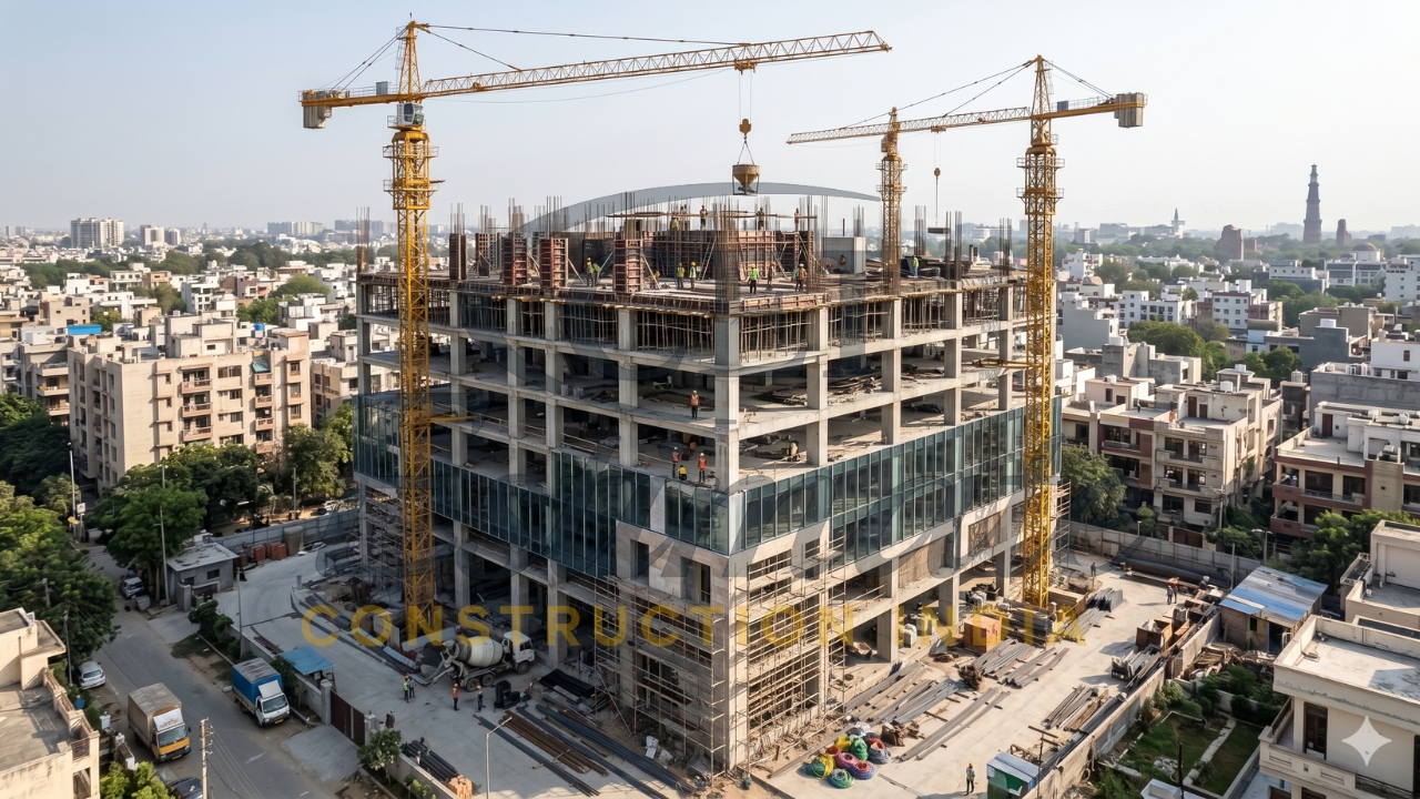 Multi-story commercial construction project with cranes in Delhi
