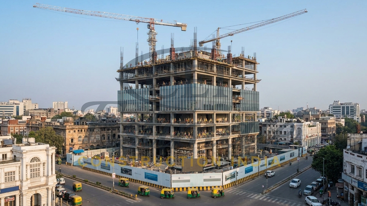 Multi-story office building construction with tower cranes in Delhi