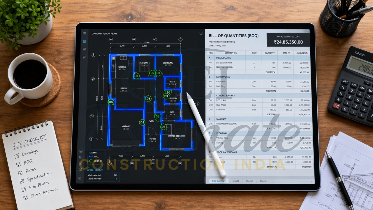 Construction BOQ software on tablet showing floor plan, quantity takeoff, and cost estimation for residential building