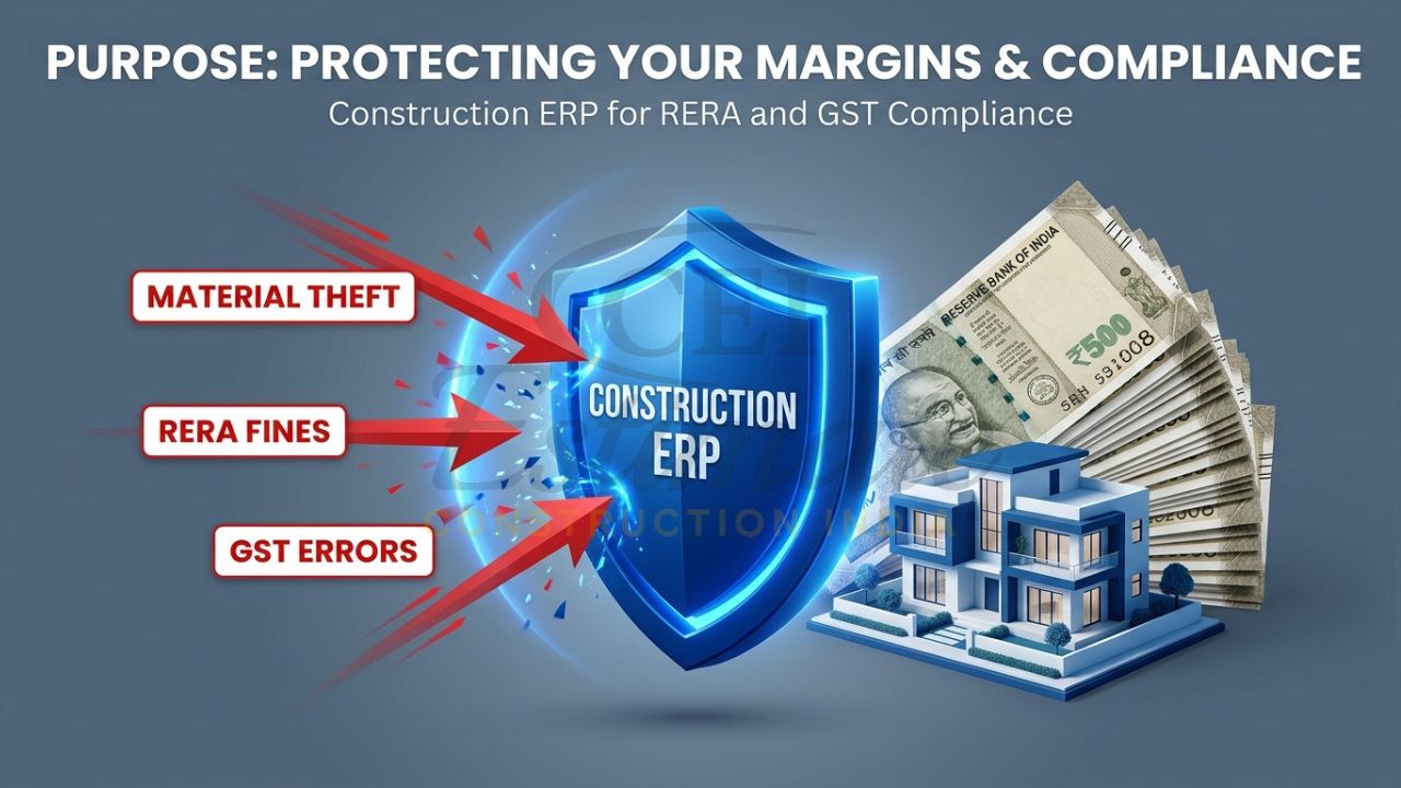 A 3D graphic showing a "Construction ERP Shield" protecting a stack of Indian currency from risks like "RERA Fines," "GST Errors," and "Material Theft."