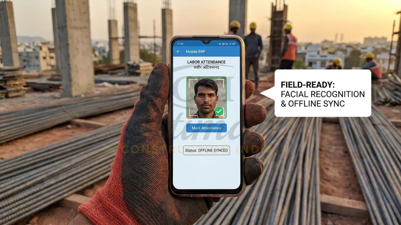 A site engineer in a tier-2 Indian city using a mobile ERP app to mark labor attendance via facial recognition and update material gate-passes.