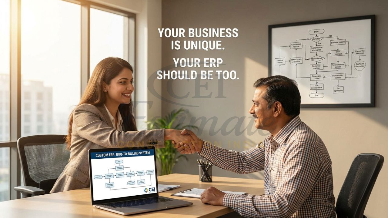 A professional software consultant from Construction Estimator India shaking hands with a builder, with a customized ERP workflow diagram on the wall behind them.