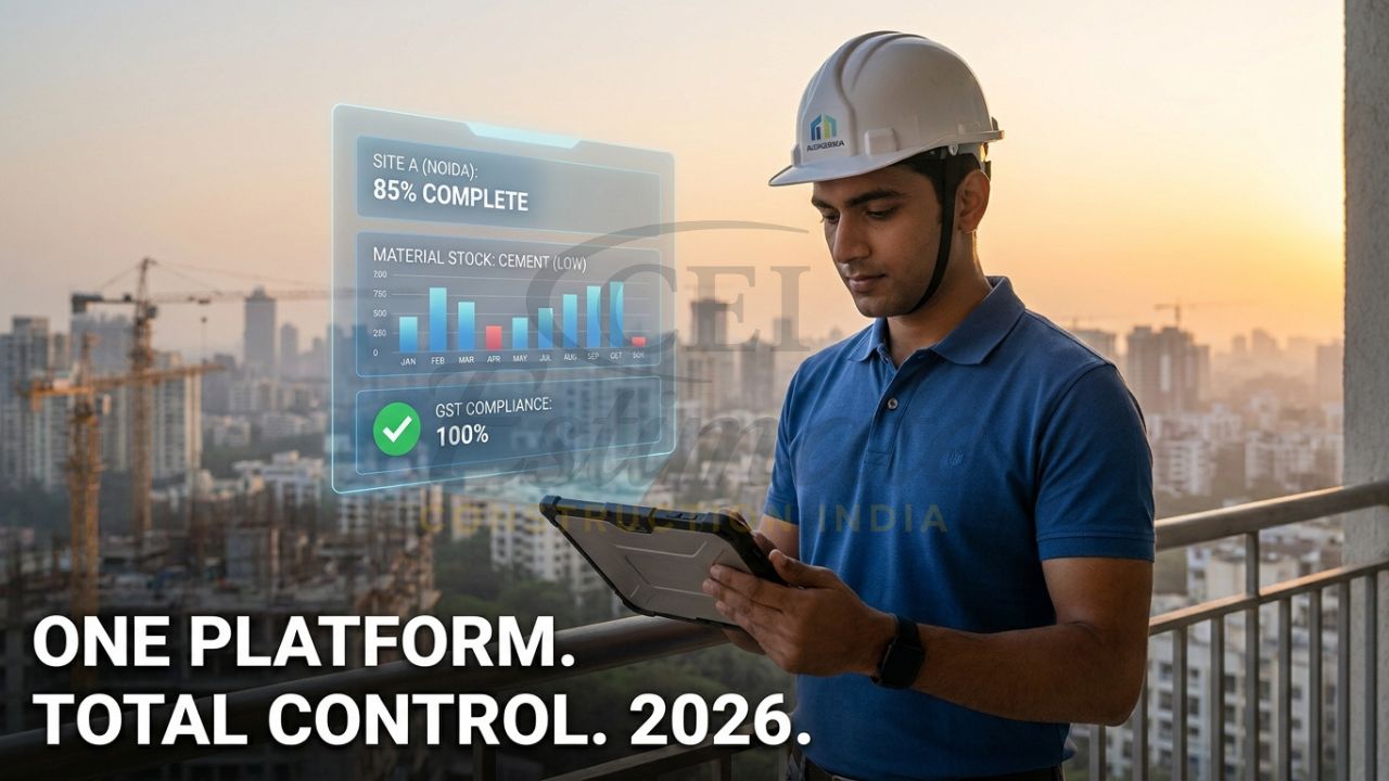 A professional Indian contractor in a safety vest holding a tablet, with a holographic "ERP Dashboard" showing real-time site data, labor attendance, and material stock across multiple Indian cities.