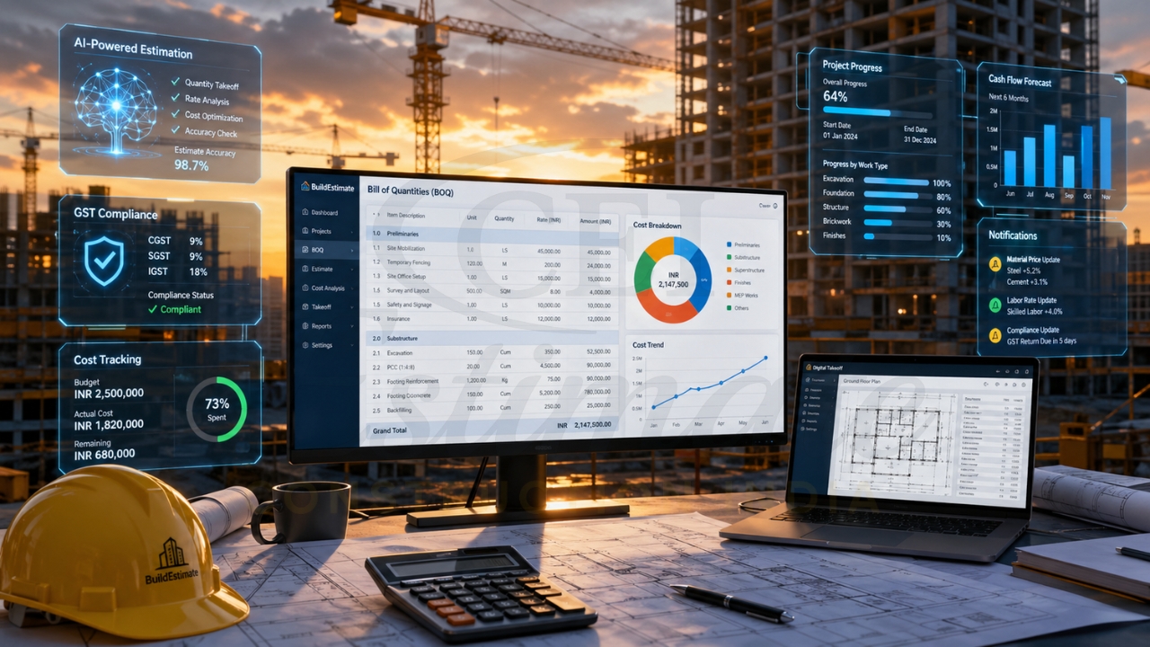 AI-powered construction estimating software dashboard showing BOQ, cost tracking, and project analytics.