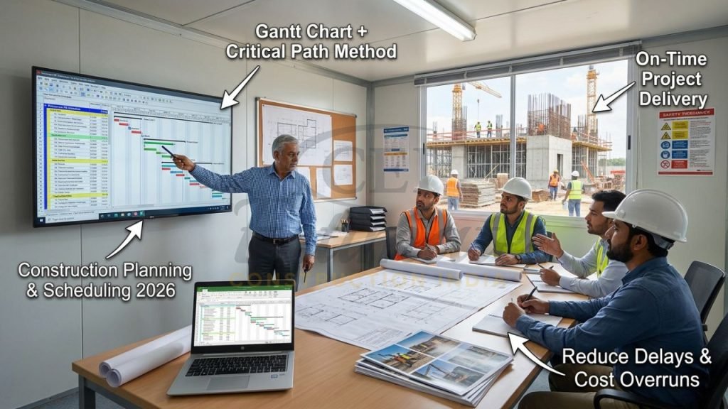 Professional construction planning and scheduling meeting with Gantt charts and team in India
