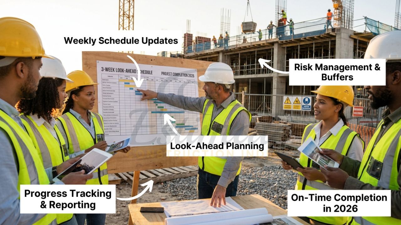 Successful construction project team monitoring schedule and progress on site in India