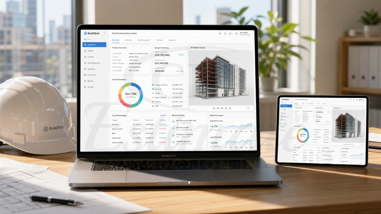 Construction project management software dashboard on laptop and tablet with cost and project data.