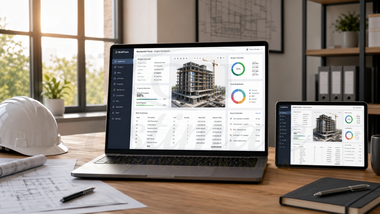 Construction project dashboard on laptop and tablet showing progress, BOQ, and cost data.