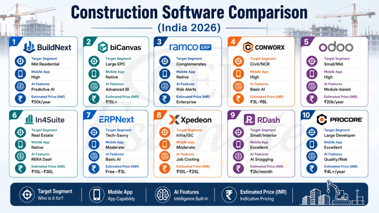 Construction software comparison India 2026 showing BuildNext, biCanvas, Ramco ERP, Odoo, and other tools.