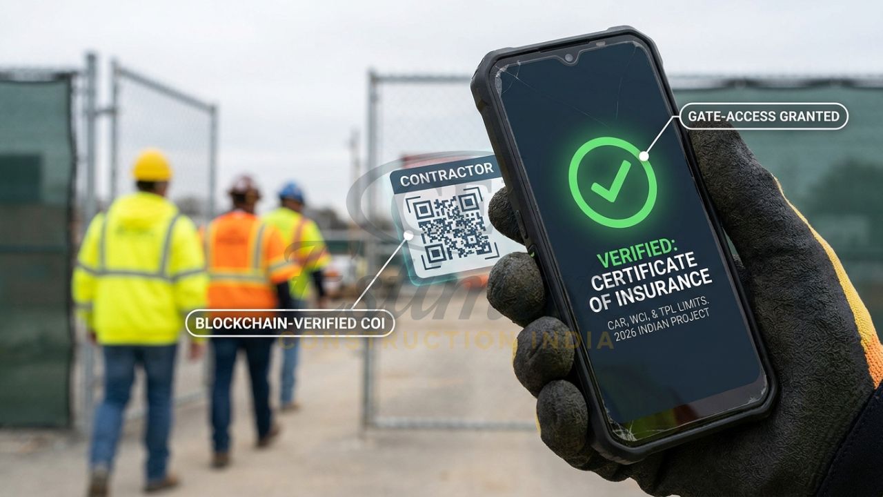 A close-up of a site safety officer’s smartphone scanning a digital COI QR code on a contractor's ID, showing a green "Verified" status with policy limits for a 2026 Indian project.